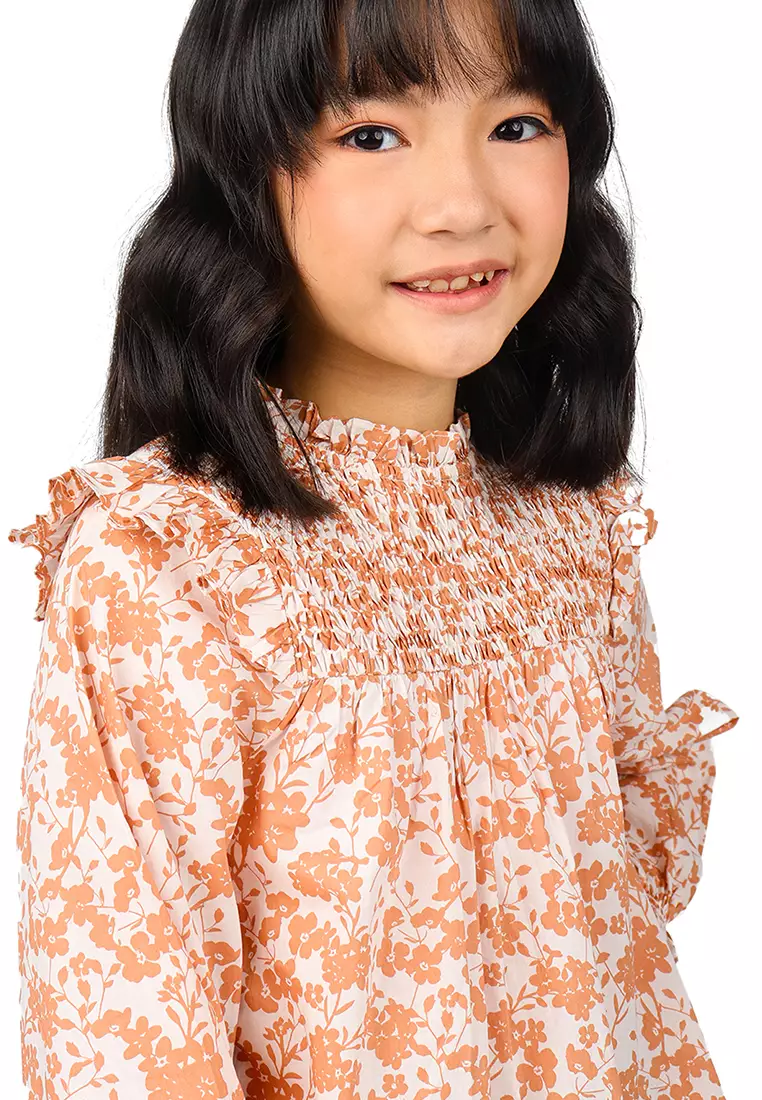 Girls Printed Long Sleeves Top With Diamond Smocked Yoke