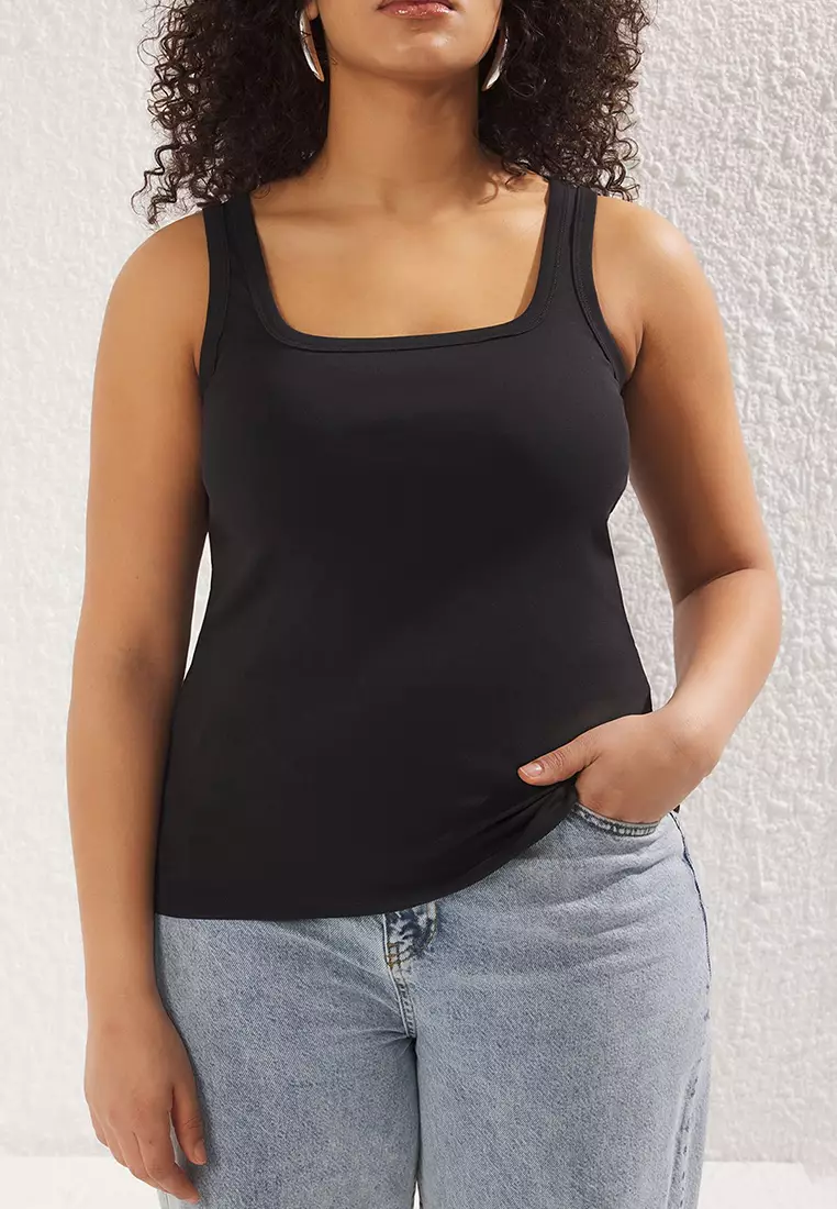 Black Square Neck Soft Fabricbody Sitting Plus Size Knitted Undershirt Tbbss25Cv00000