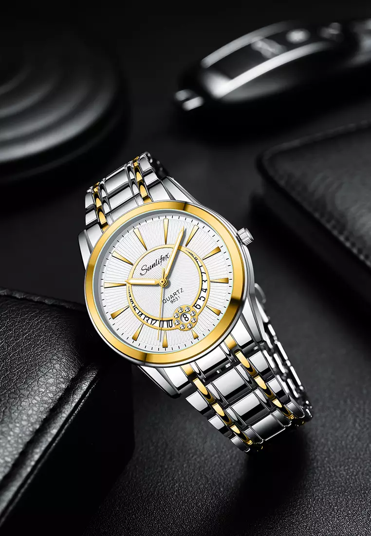 Jam Tangan Pria 9031 Original Luxury Stainless Steel Jam Tangan Cowok gold