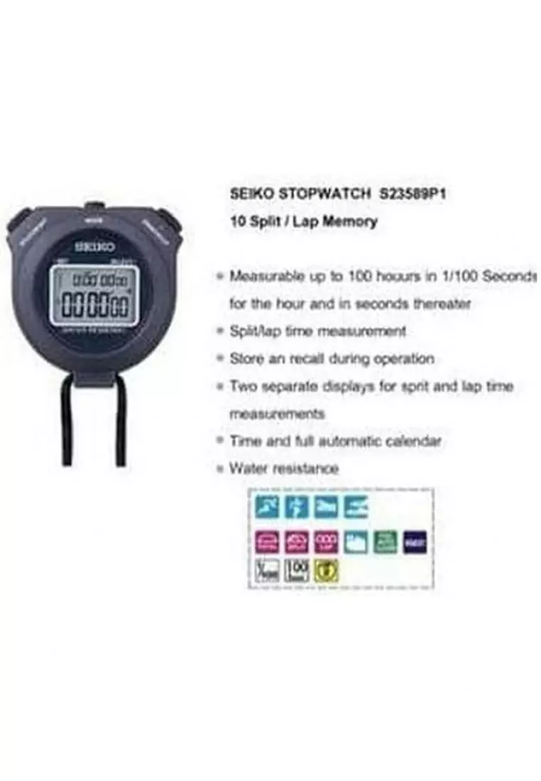 Stopwatch Digital Seiko Original Garansi Resmi S23589P1 / S23589P / S23589 Black Plastic Case 10 Lap Memory