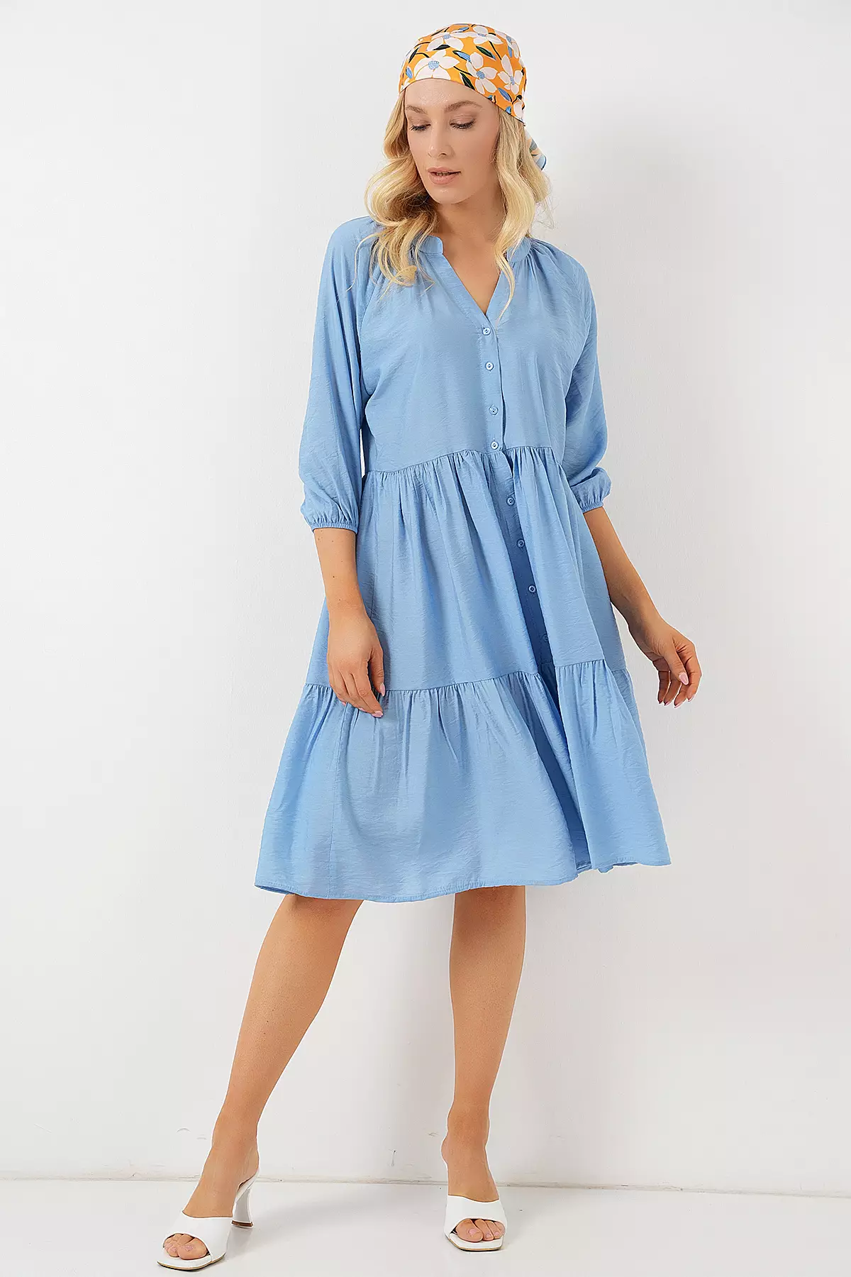 Buttoned Balloon Sleeve Dress