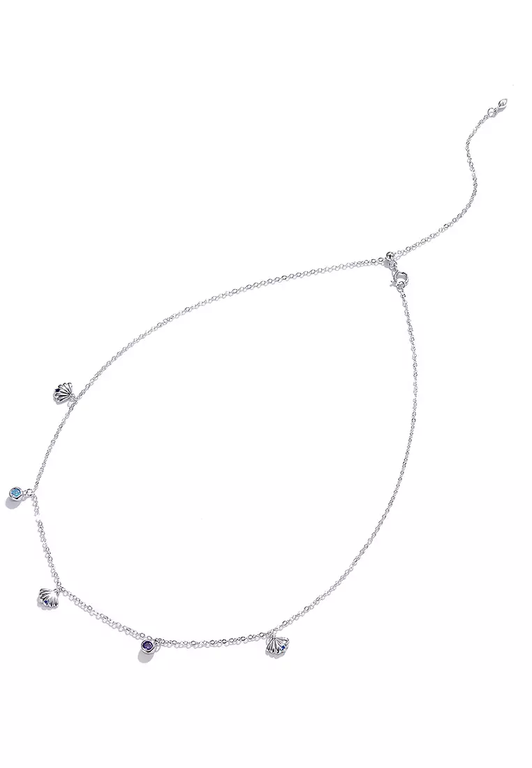 Solid 925 Sterling Silver Cubic Zirconia Multicolour Crystals and Seashells Necklace