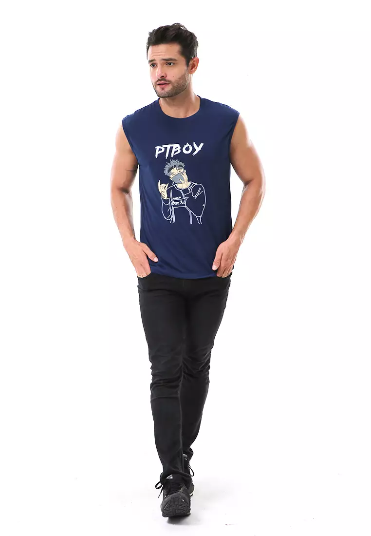 Bobby Atasan Kasual Pria Singlet Motif Ptboy Sleeveless Tshirt Material Cotton ORIGINAL - Navy