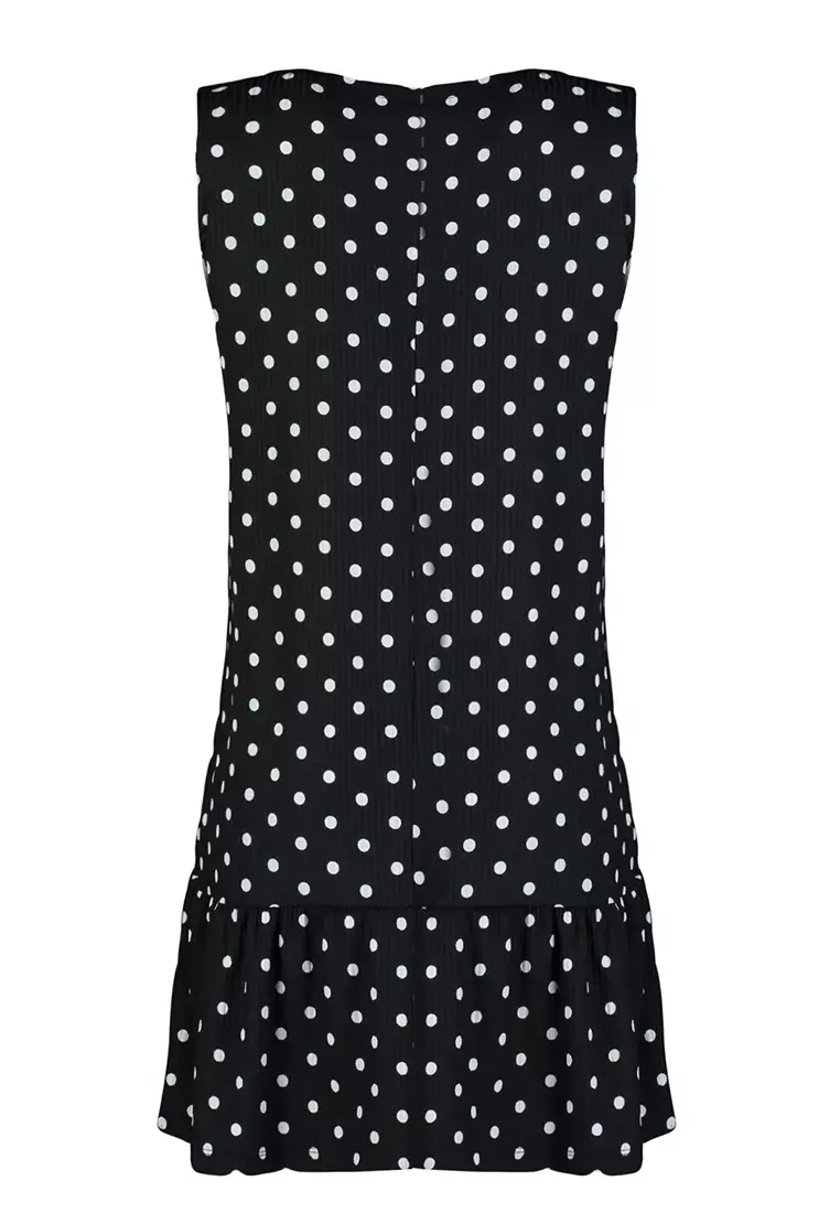 Black Polka Dot Printed Zero Sleeve Flounce Shift/Plain Mini Elastic Knitted Dress