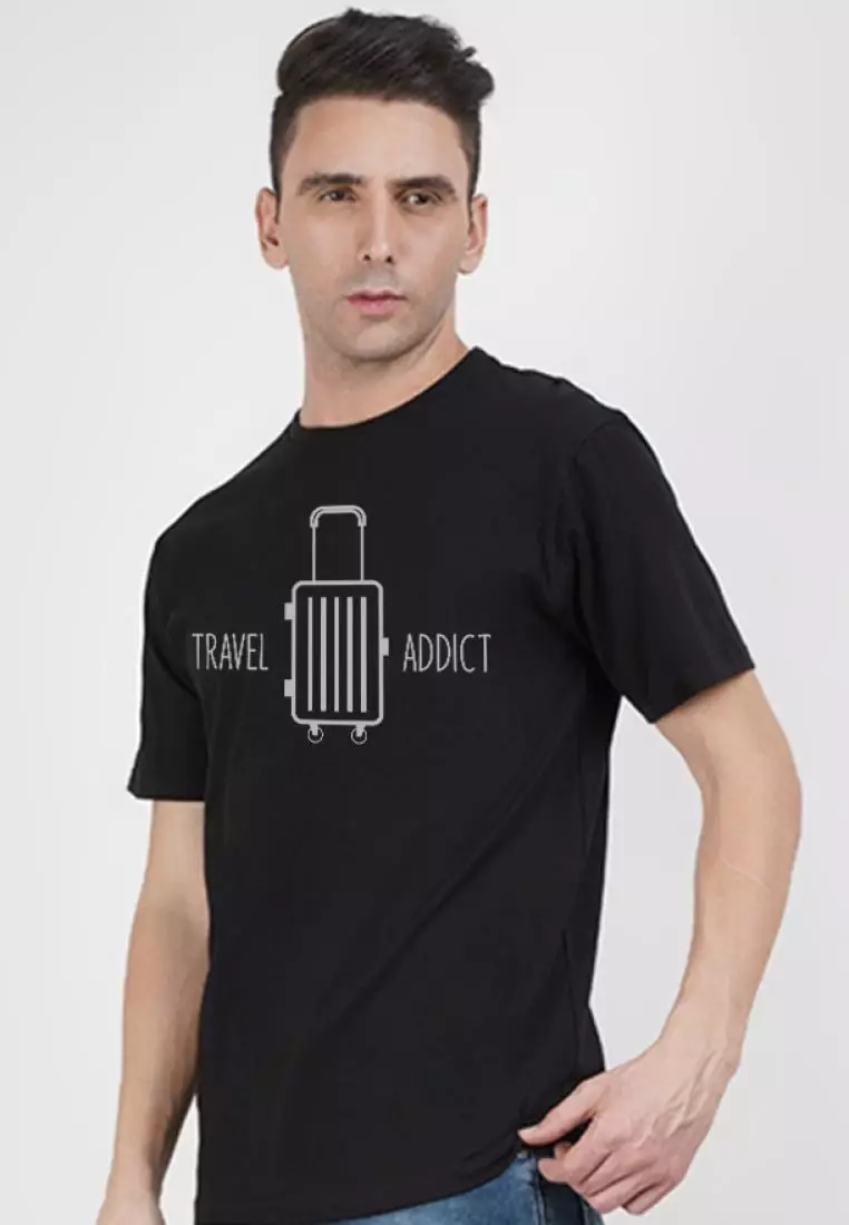 Travel Addict Black Cotton Short Sleeve Crew Neck Regular Fit T-Shirt