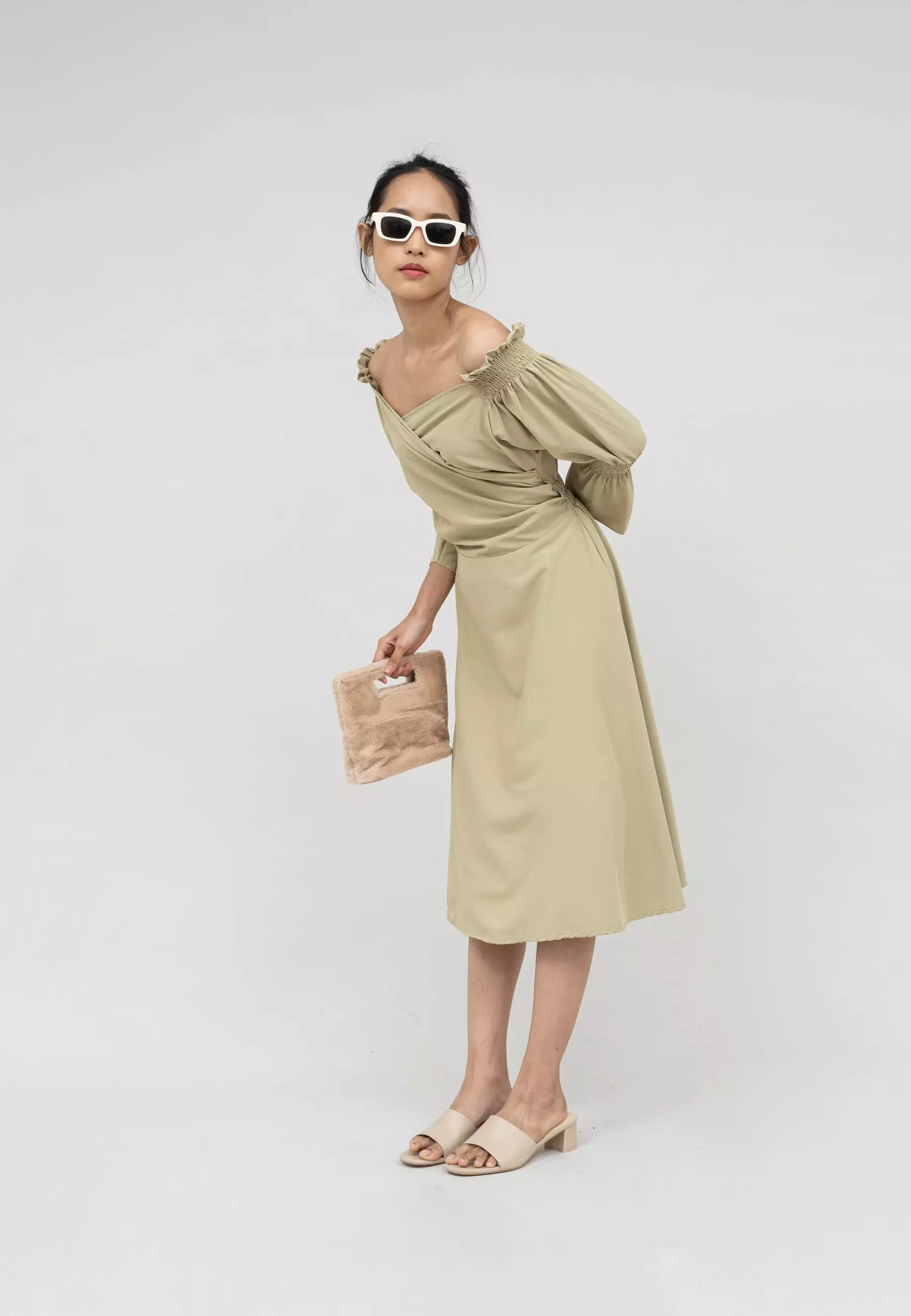 Houseofcuff Blossom Dress in Beige Dress Crepe Model Sabrina
