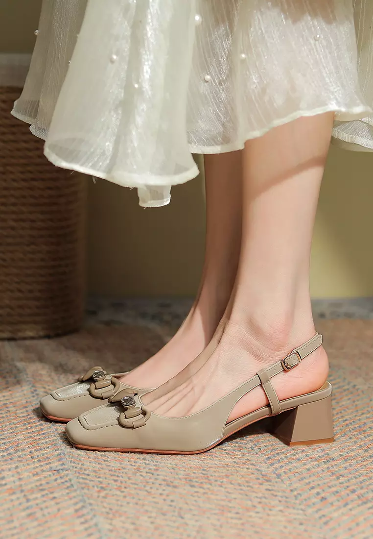 Horsebit Buckle Microfiber Leather Slingback Mid Heel XJ333-12
