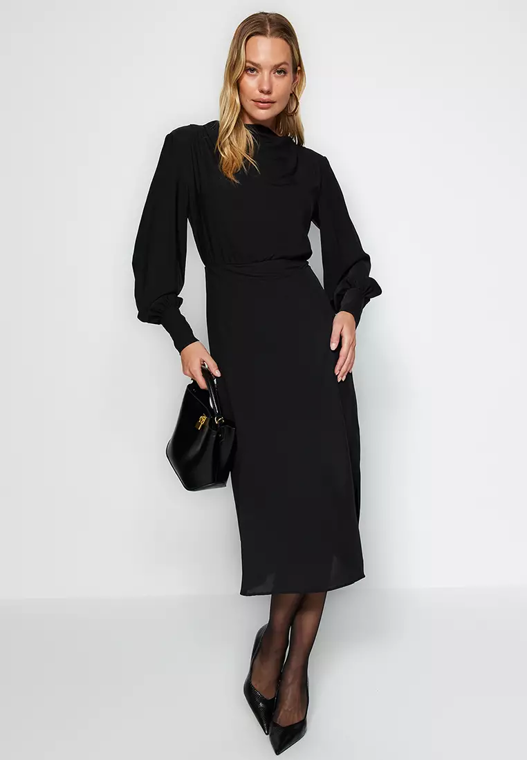 Black Midi Slit Woven Dress