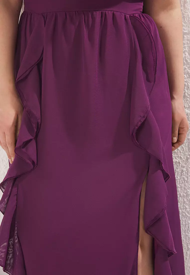 Purple Chiffon Maxi Ruffle Halter Neck Woven Plus Size Dress Tbbss25Ah00170