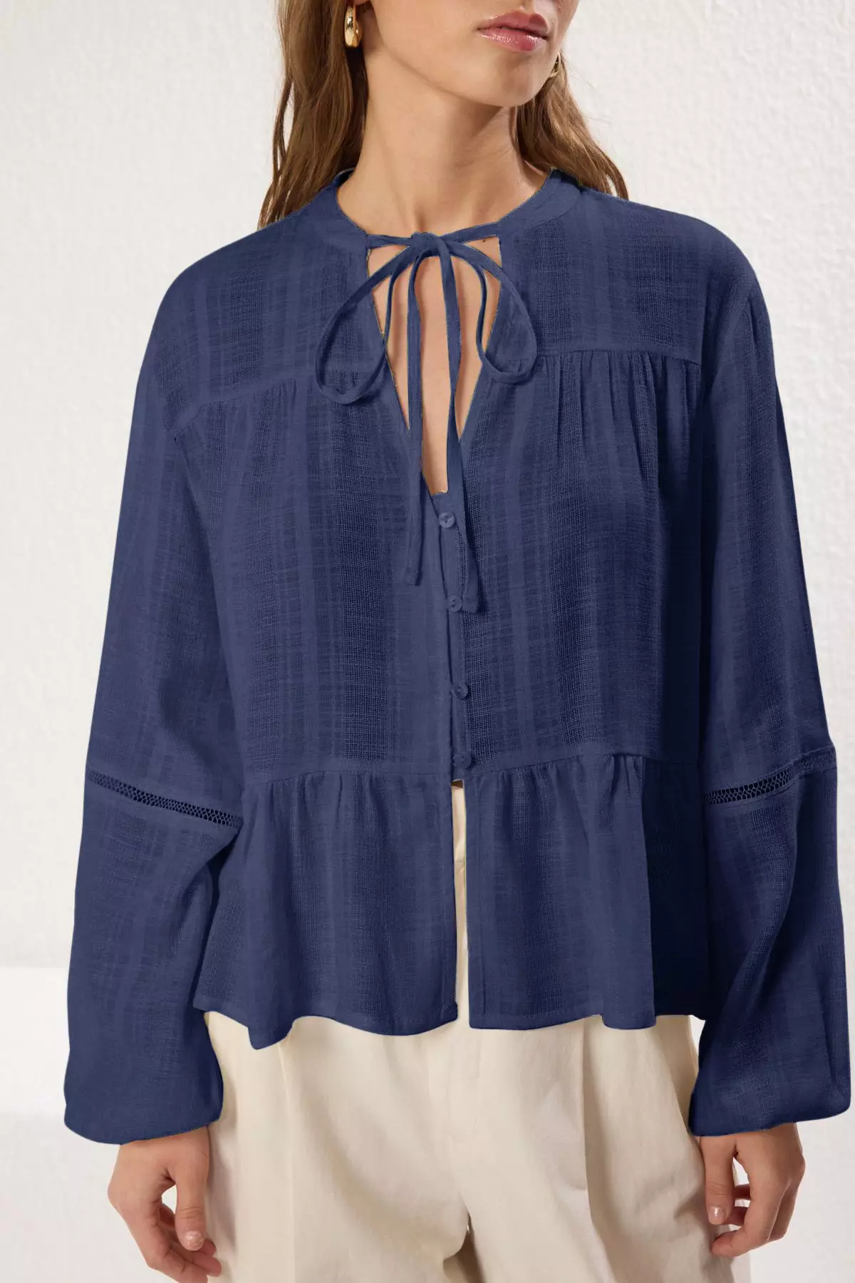 Navy Blue Cotton Textured Fabric Laced Sleeve Regular Regular Fit Woven Shirt