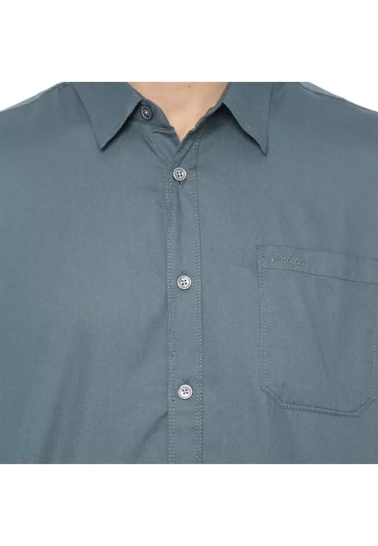 POLICE Kemeja Polos Cotton Twill Blue Grey Regular Fit Lengan Panjang Pria