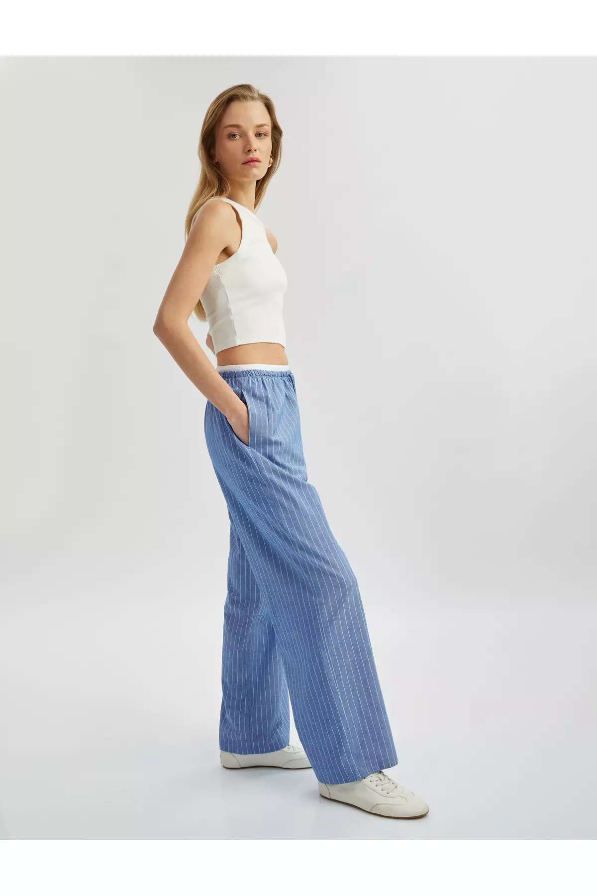 Double Waist Detailed Pocket Cotton Viscose Fabric Straight Wide Leg Trousers