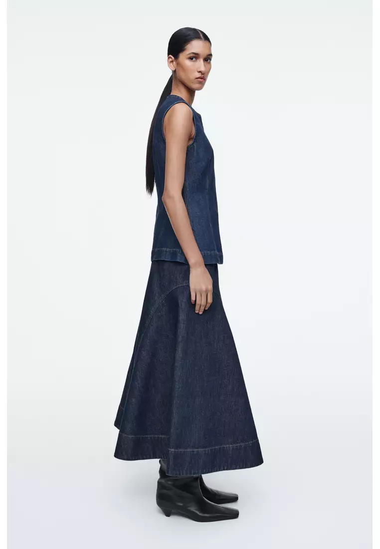 RAW DENIM A-LINE MIDI SKIRT