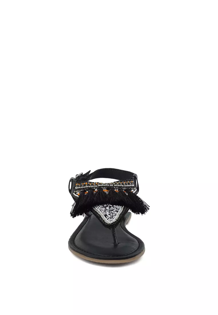 Genuine Leather Tassel Sandals in Black