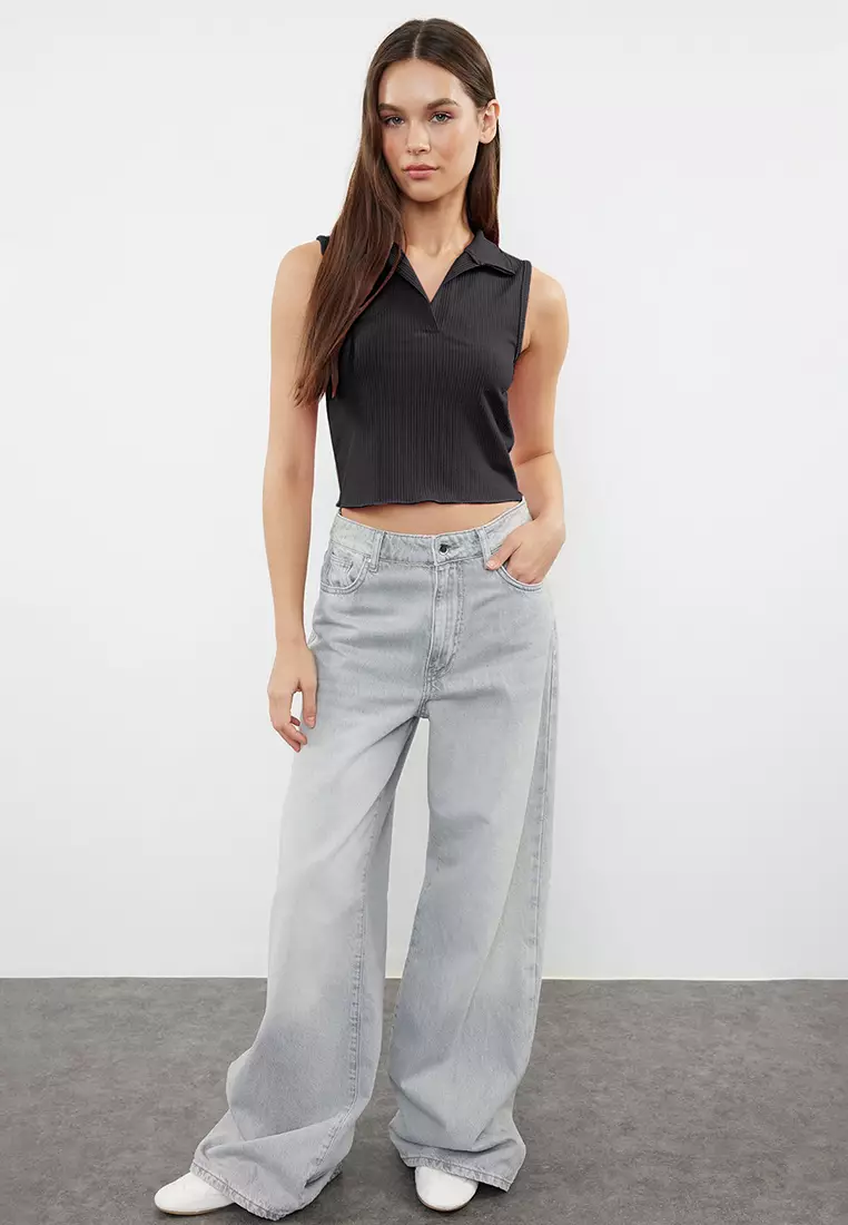 Anthracite Fitted Polo Collar Crop Flexible Knitted Blouse