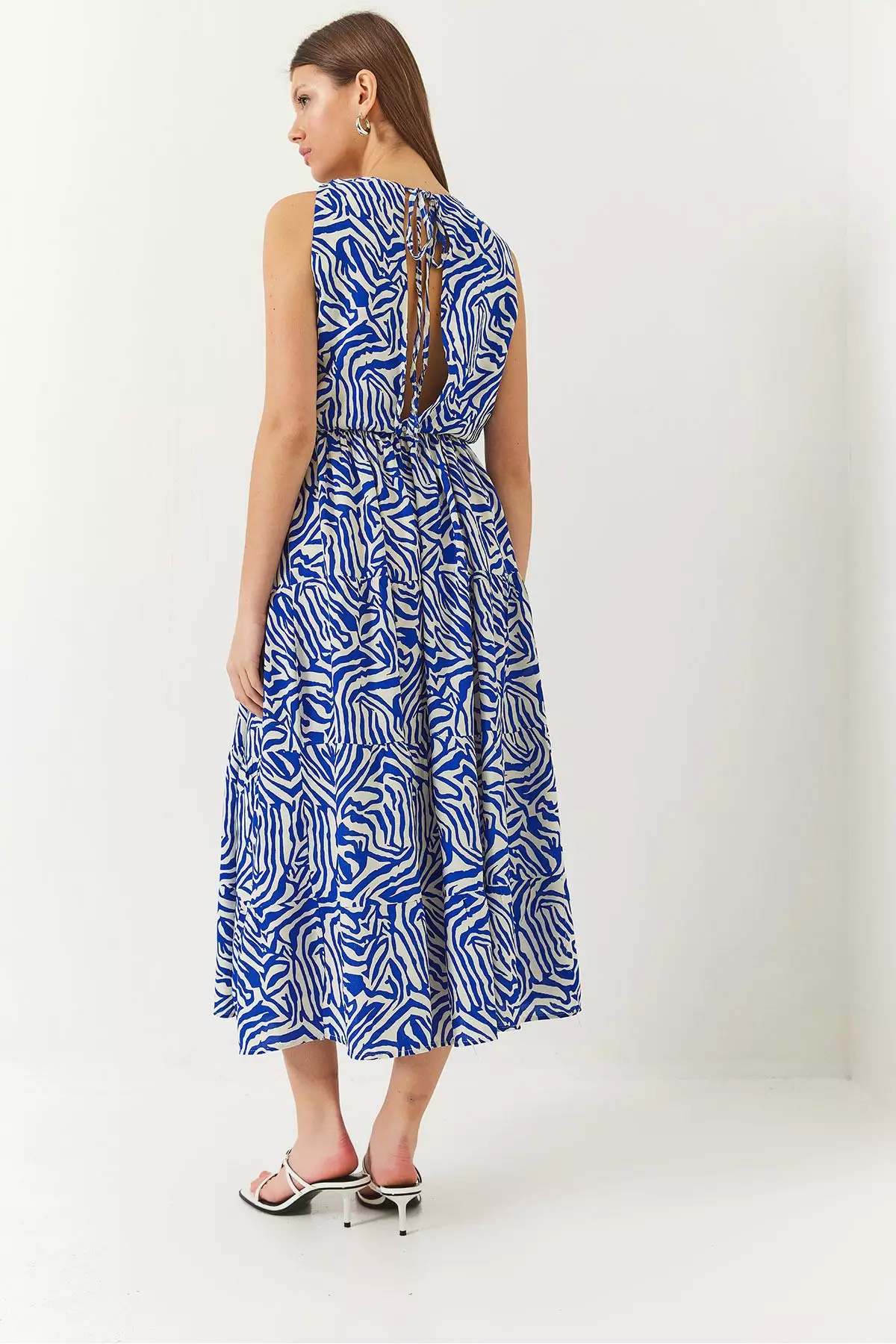 Women's Double Breasted Neckline Elastic Waist Back Rope Tie Print Dress 60261428