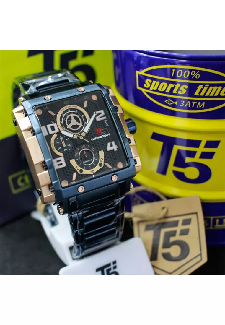 T5 - Jam Tangan Pria - Rosegold Blue - Stainless Steel Bracelet - H3802G-A