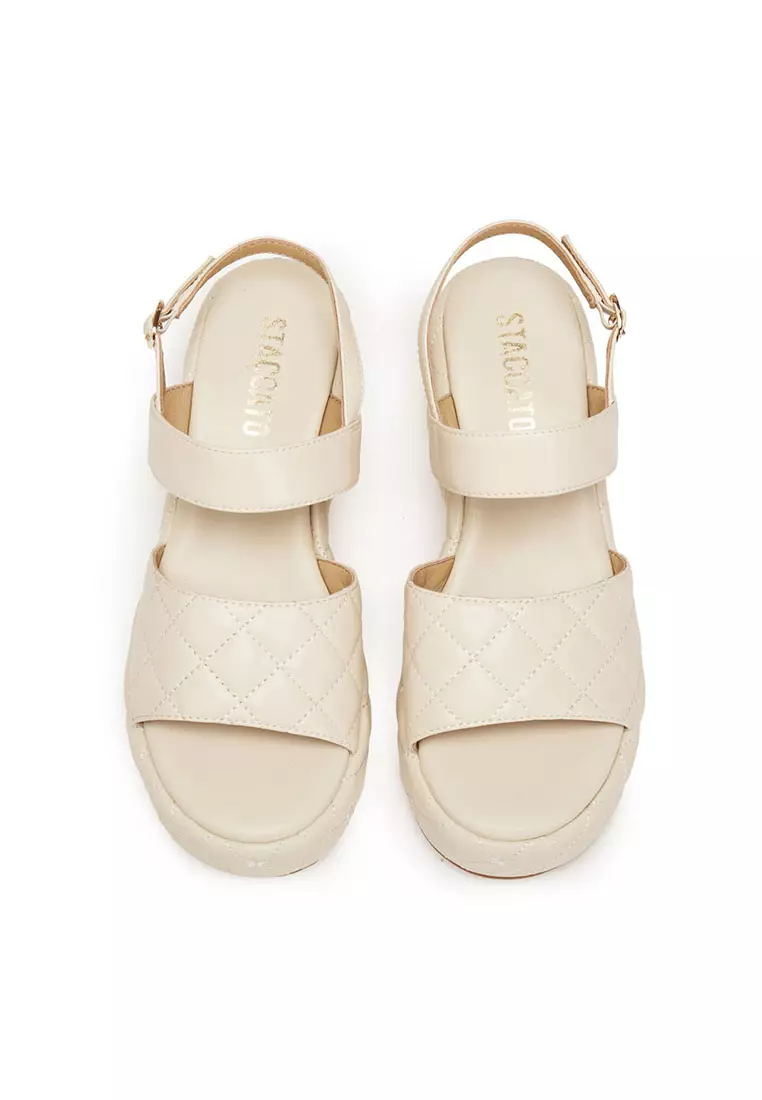 Staccato Platforms Leather Wedge Ankle-Strap Sandals - Beige (A609-1-BEI)