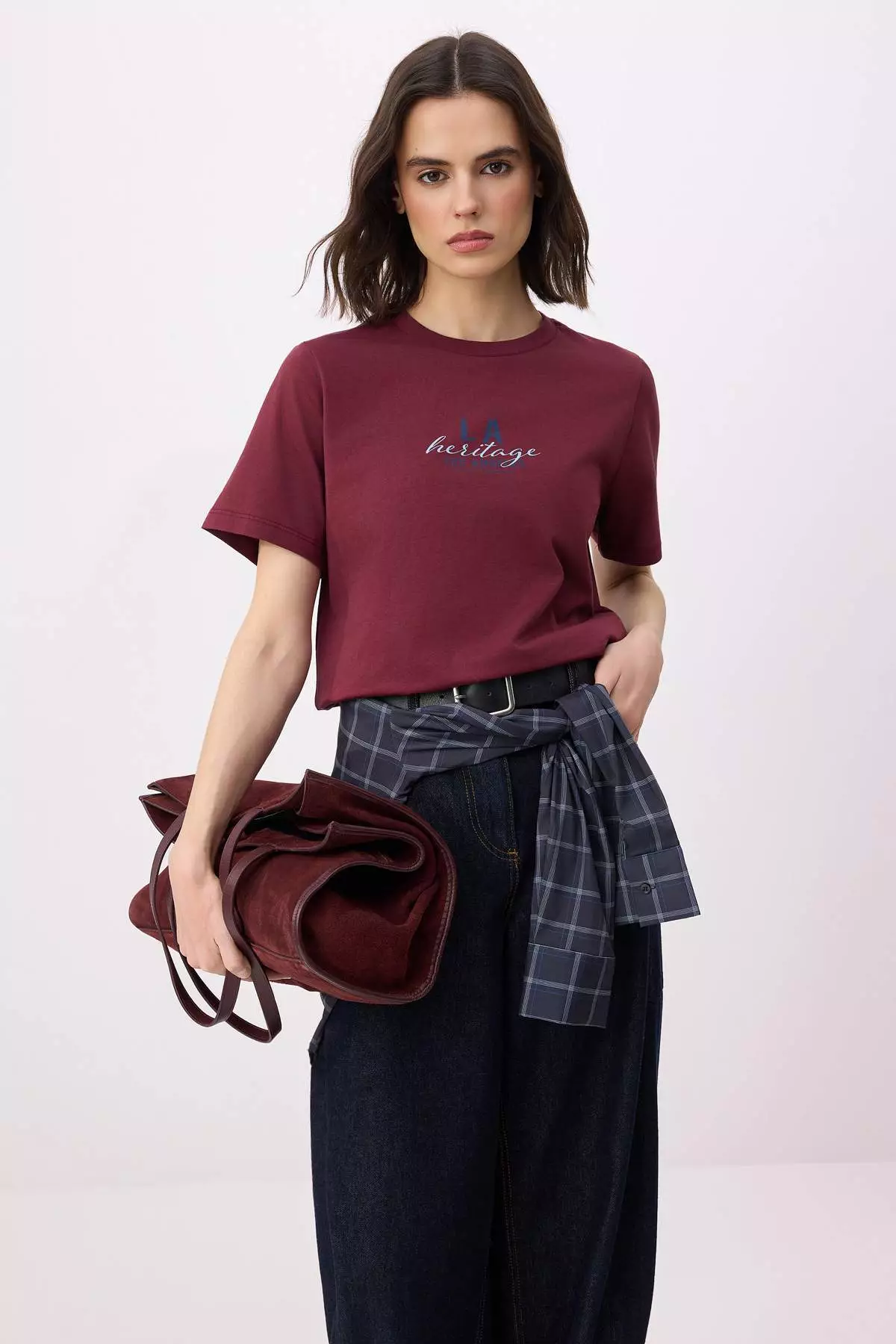 Burgundy Slogan Regular/Normal Fit Short Sleeve 1% Cotton Knitted T-Shirt Twoss26Ts161