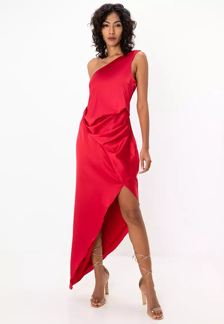 Satin One Shoulder Drape Midi Dress