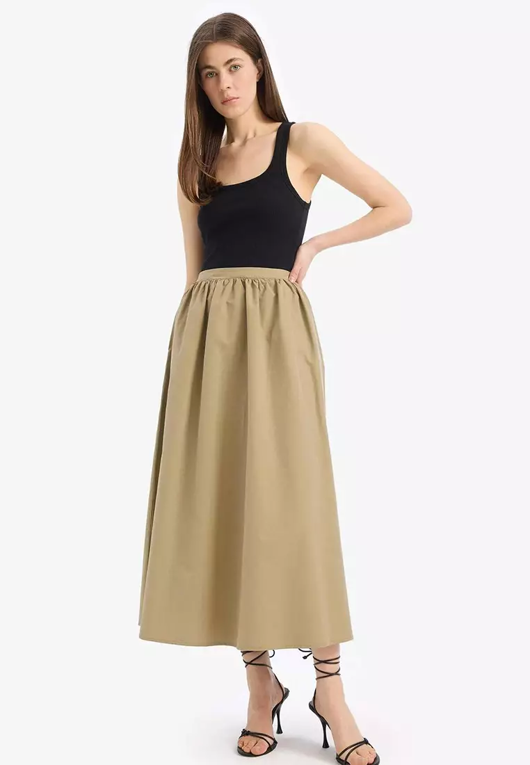 Buy DeFacto A-Line Regular Waist Half Lining Poplin Midi Skirt ...