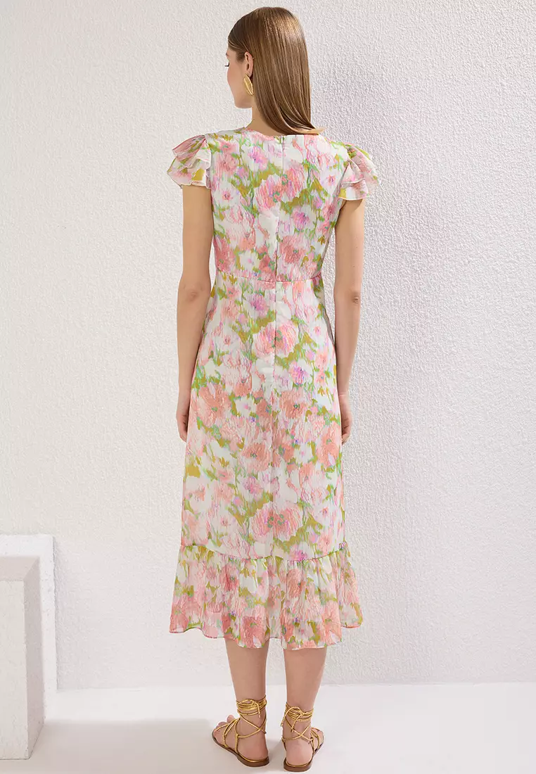 Multicolored Floral Patterned A-Line Ruffle Midi Woven Dress