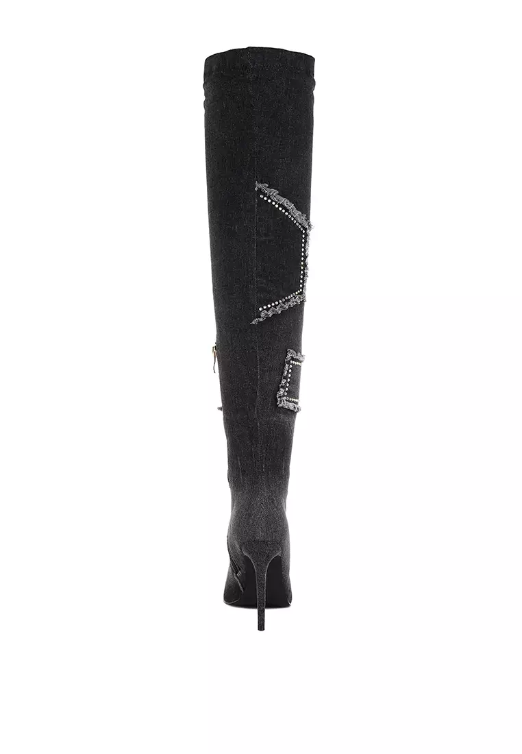 Rhinestones Knee High Denim Boots in Black