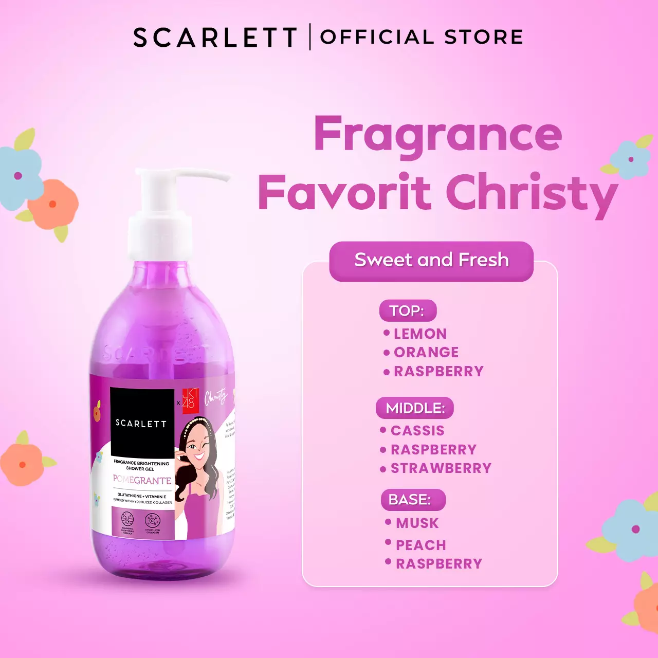 Scarlett Fragrance Brightening Shower Gel Pomegrante | Body Wash | Sabun Mandi Cair