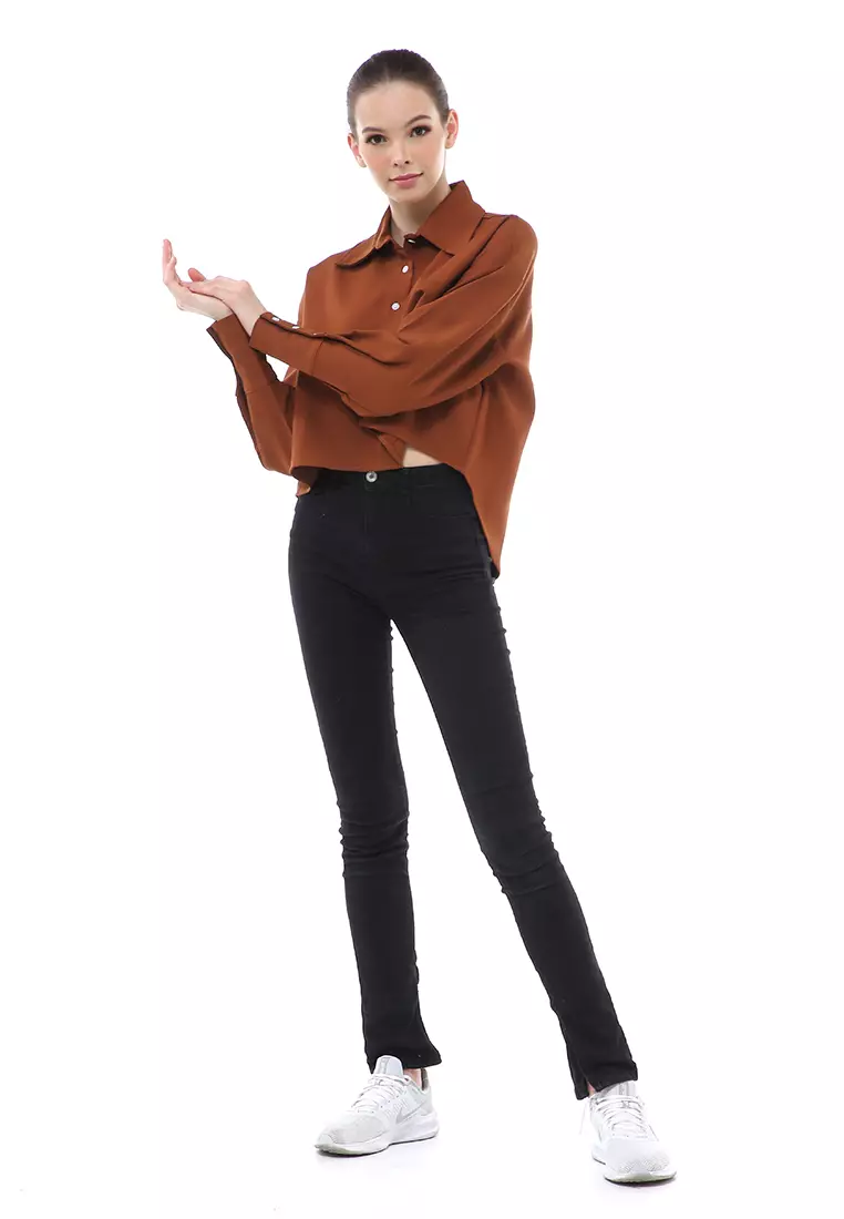 Brielle Atasan Wanita Kemeja Casual Lengan Panjang Oversize Shirt Material Polyester Cationic - Brown