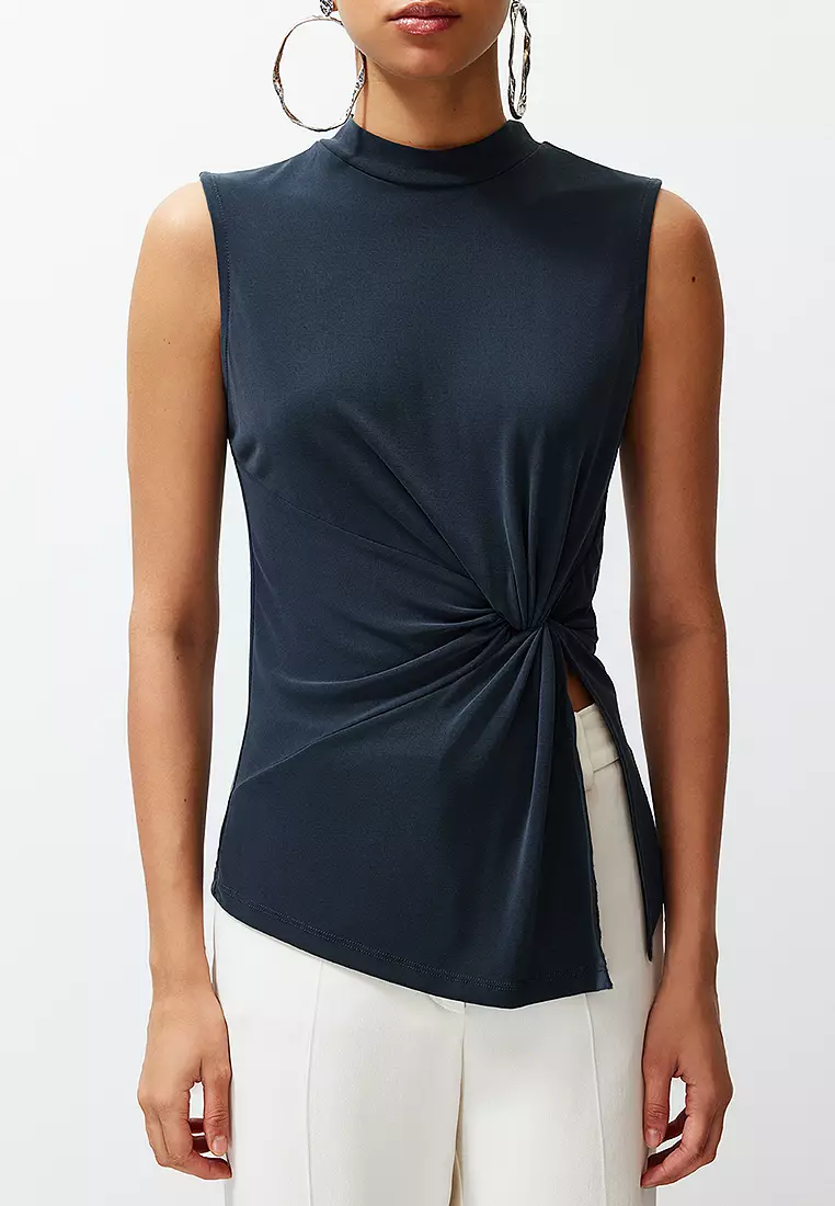 Anthracite High Collar Knitted Blouse With Ruffle And Slit Detail