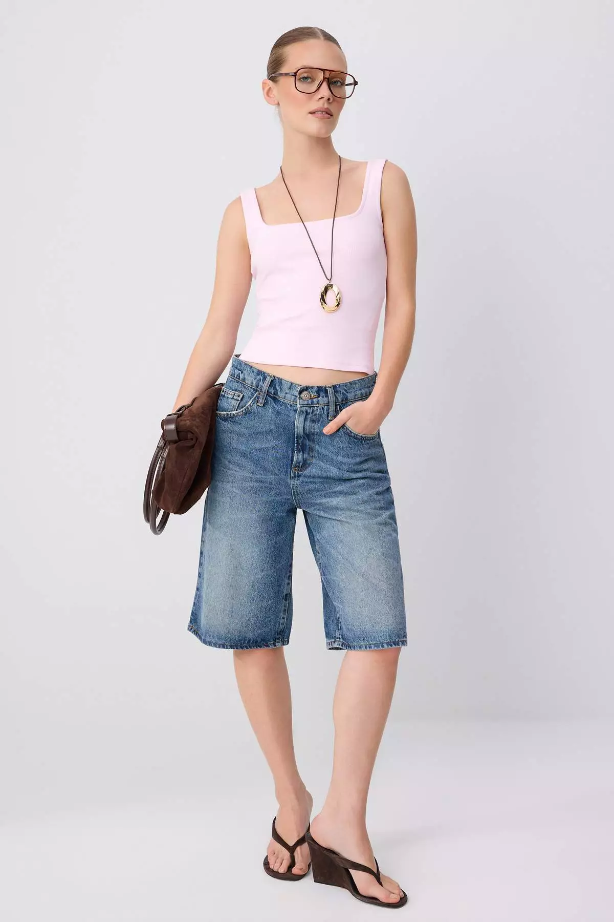 Pink Plain Fitted Square Neck Standard Sleeve Sleeveless Ribbed Stretchy Knitted Undershirt Twoss26Al00097
