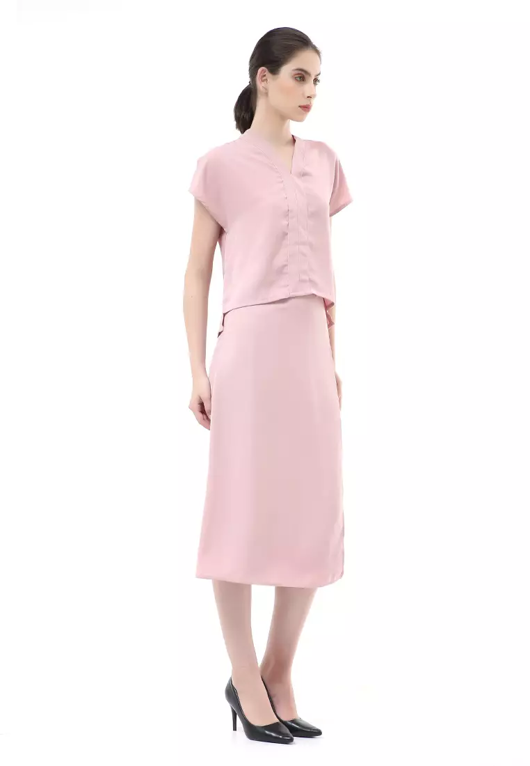 Nayra Setelan Baju & Rok Wanita One Set Adjustable Short Sleeve Material Dolce ORIGINAL - Soft Pink