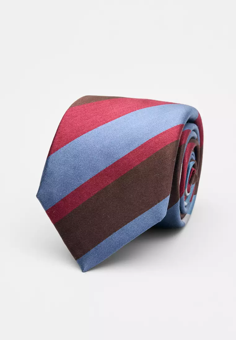 Blue, Brown and Red Diagonal Stripes Silk Tie