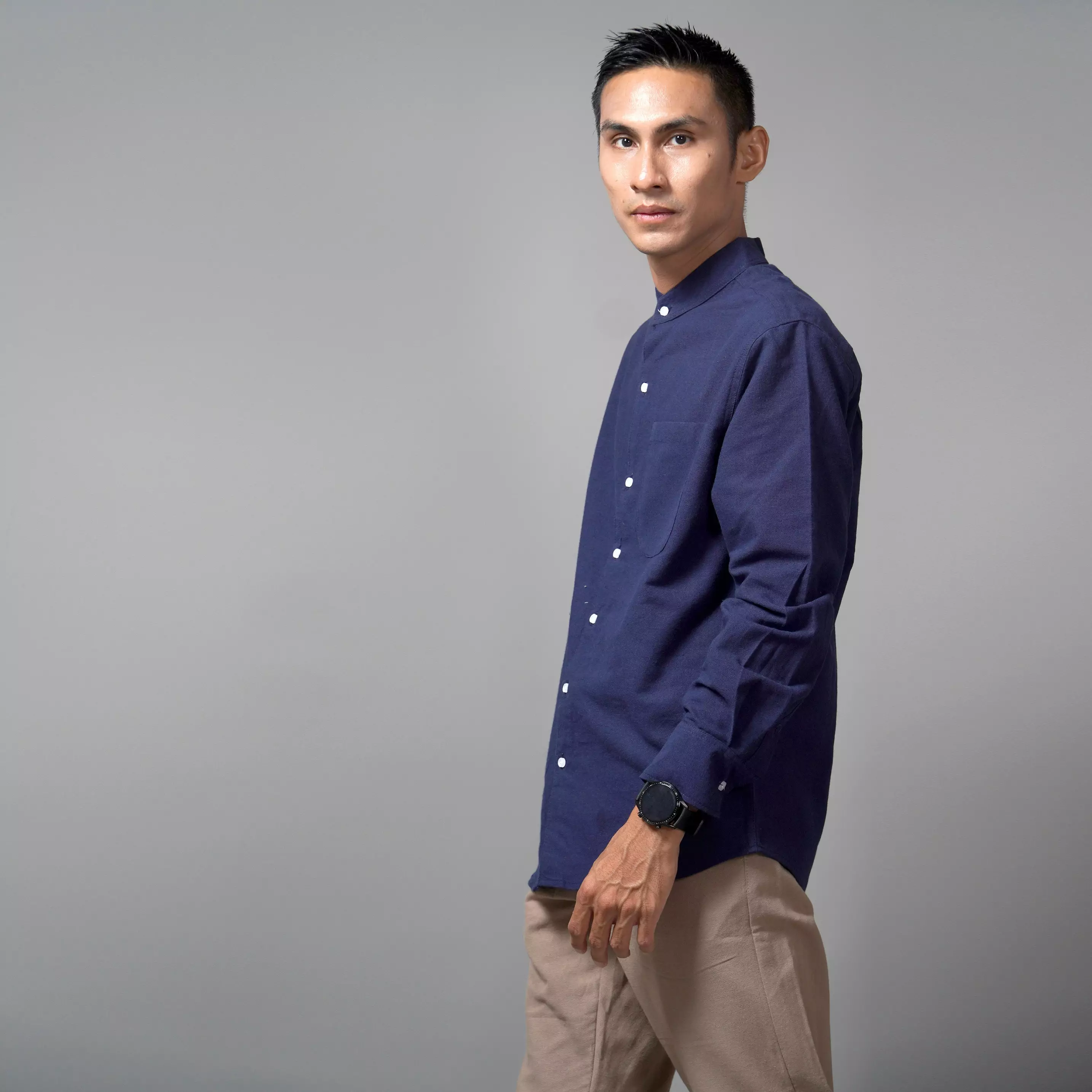  ASHRAF Kemeja Pria Casual Linen Baju Koko Kemeja Lengan Panjang - Navy