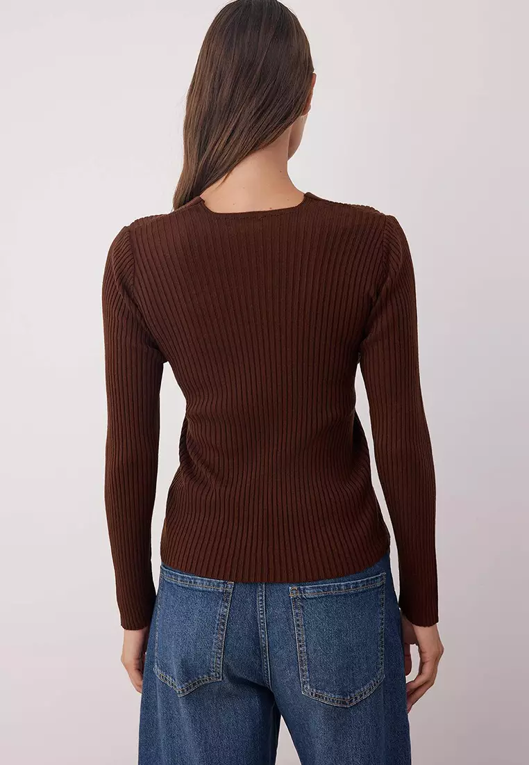 Brown*001 Fitted Plain Double Breasted Thin Knit Sweater Twoaw26Kz00178