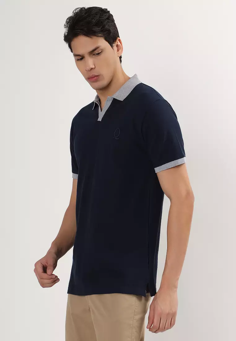 Mens Short Sleeve Contrast Blue - Grey Collar Cotton Button less Polo Shirt/T-shirt, V Neck, Sport-Casual Wear, Regualr fit