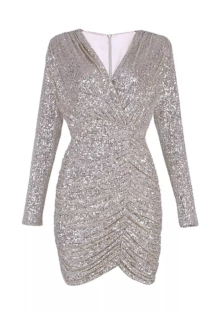 New sequined champagne evening gown A021929