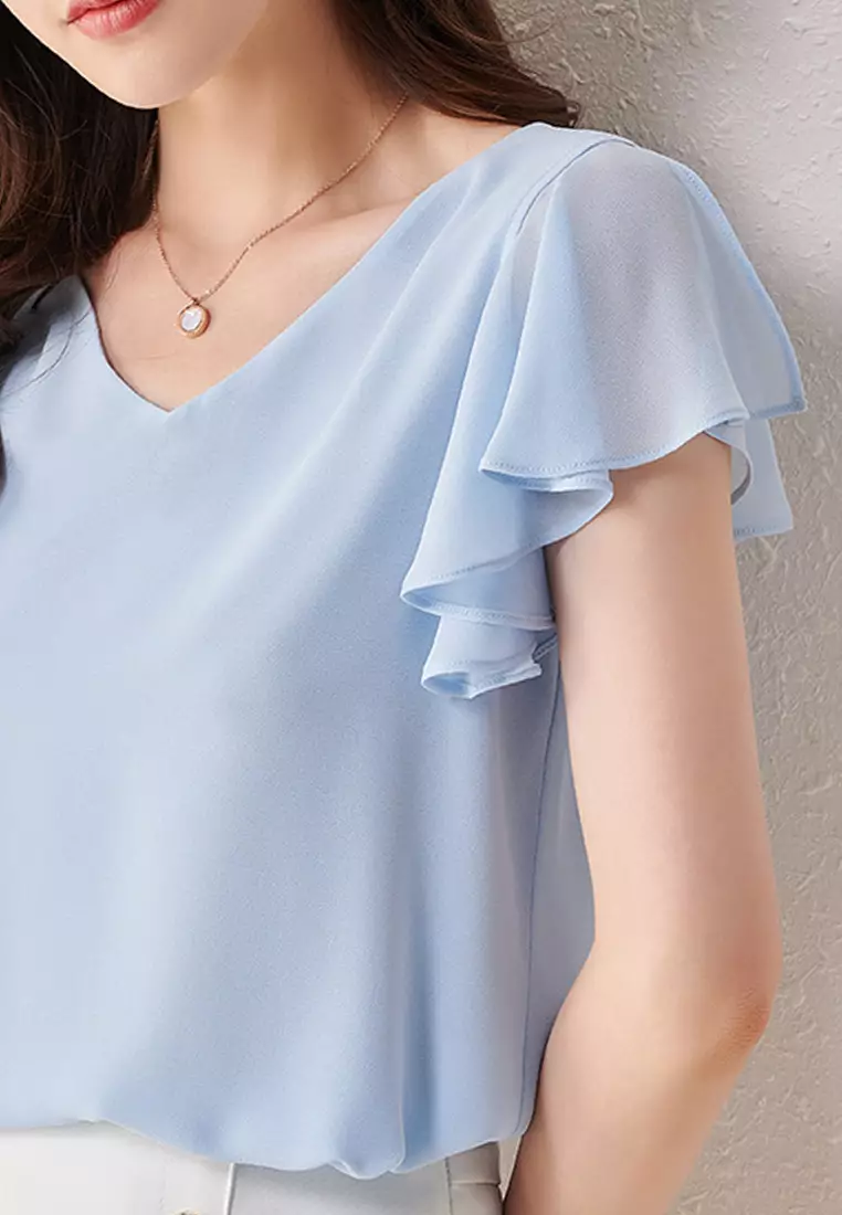 Buy HAPPY FRIDAYS Feminine Chiffon Ruffle Sleeve Top JW ZX