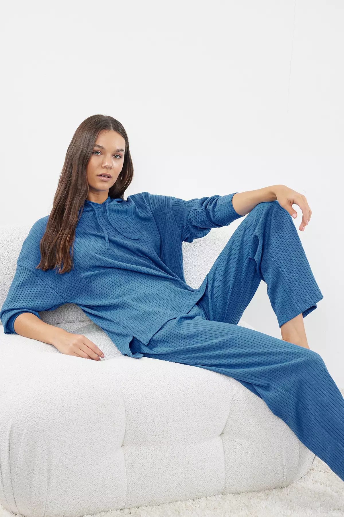Blue Hooded Ribbed Knitted Pajama Set Thmaw22Au0334