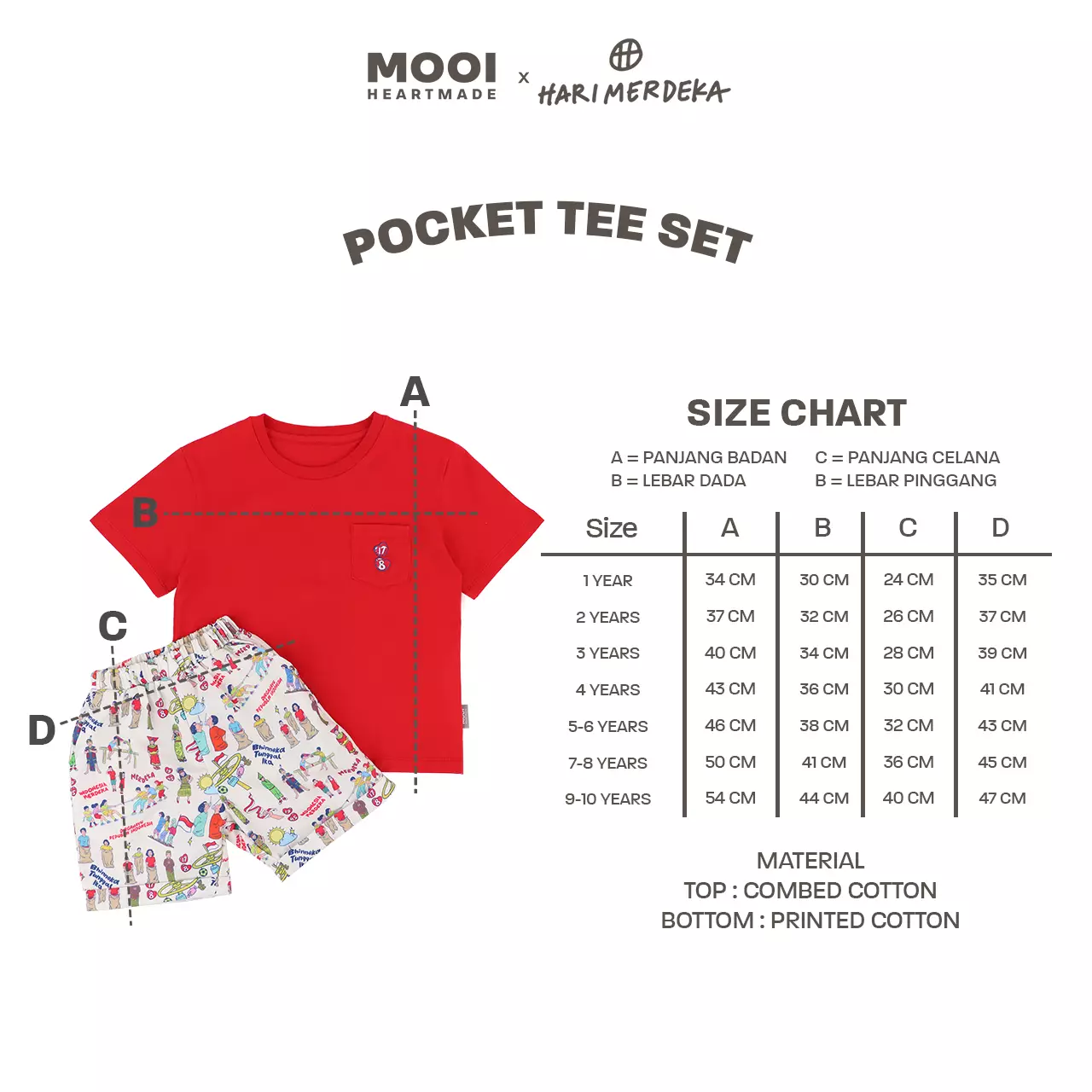 Mooi x Hari Merdeka 17 Agustus Kaos Kemerdekaan Setelan Anak Pocket Tee Set Kemerdekaan - White