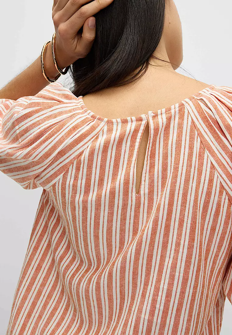 Linen Rich Striped Puff Sleeve Blouse