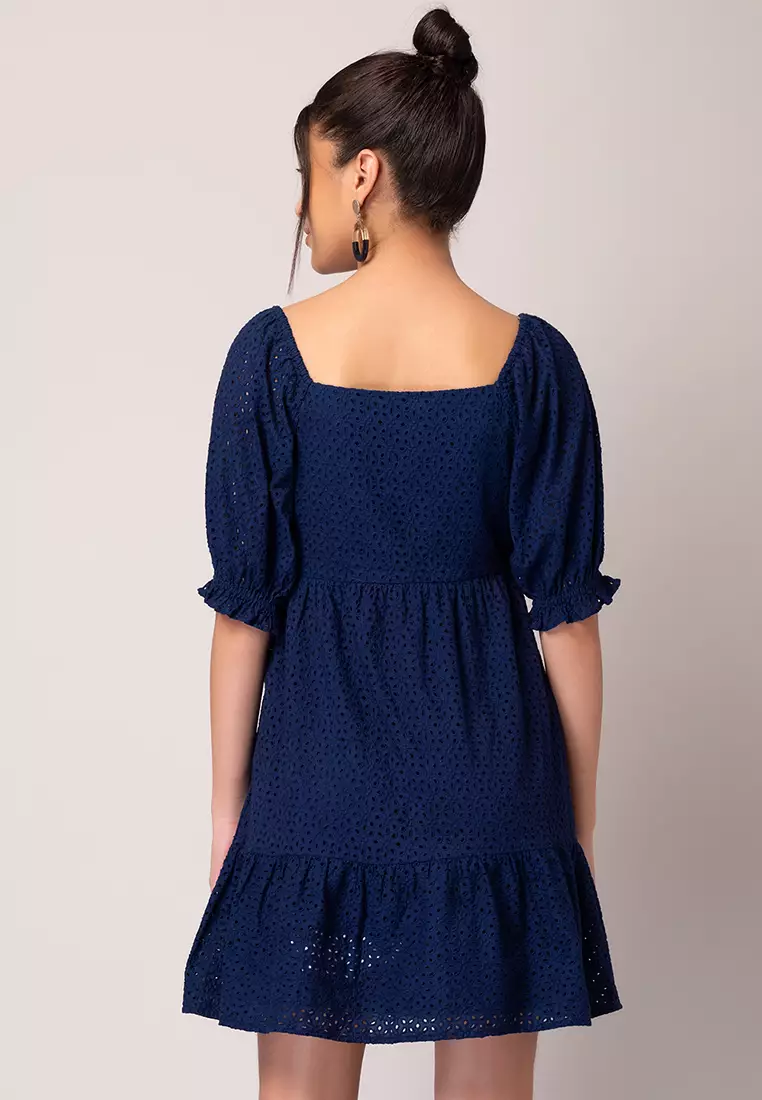 Navy Blue Schiffli Tiered Dress