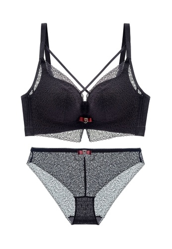 ZITIQUE black Women's Breathable 3/4 Cup No Steel Ring Uplift Lace Lingerie Set (Bra And Underwear) - Black F55D5US93943A7GS_1