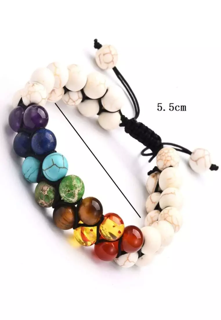 Accessories Pria Chakra Double Layer Multi Coloured Howlite Beads Macrame Bracelet Gelang Pria White & Multicolour