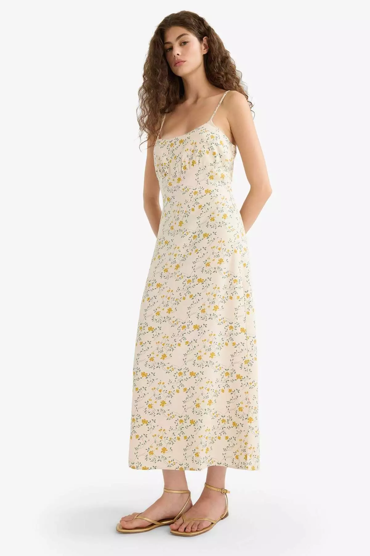 Floral Linen Blend Strap Midi Dress F4098Ax25Sm