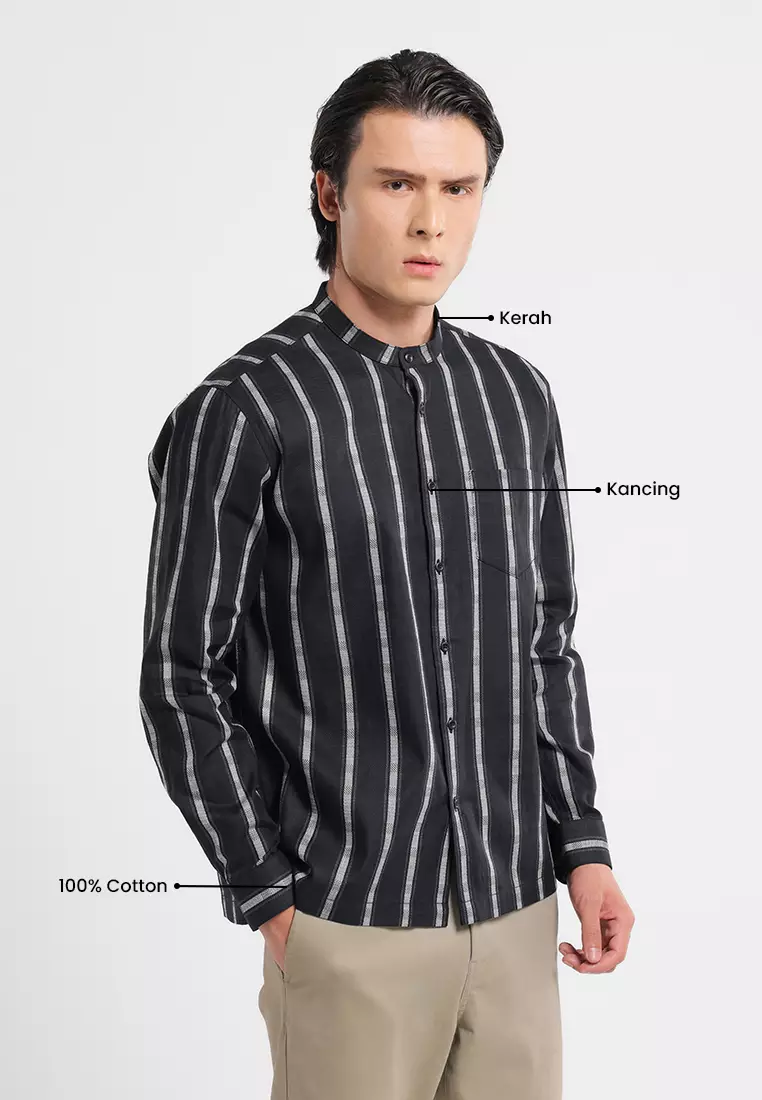 MANZONE X Adipati Dolken - Kemeja Koko Shanghai Lengan Panjang Pria Muna Comfort Fit - Black Warna Black