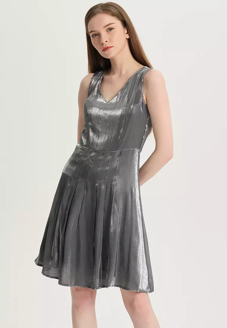 Temperament V-neck Color-Changing Glazed Satin One Piece Dress B22041204SL