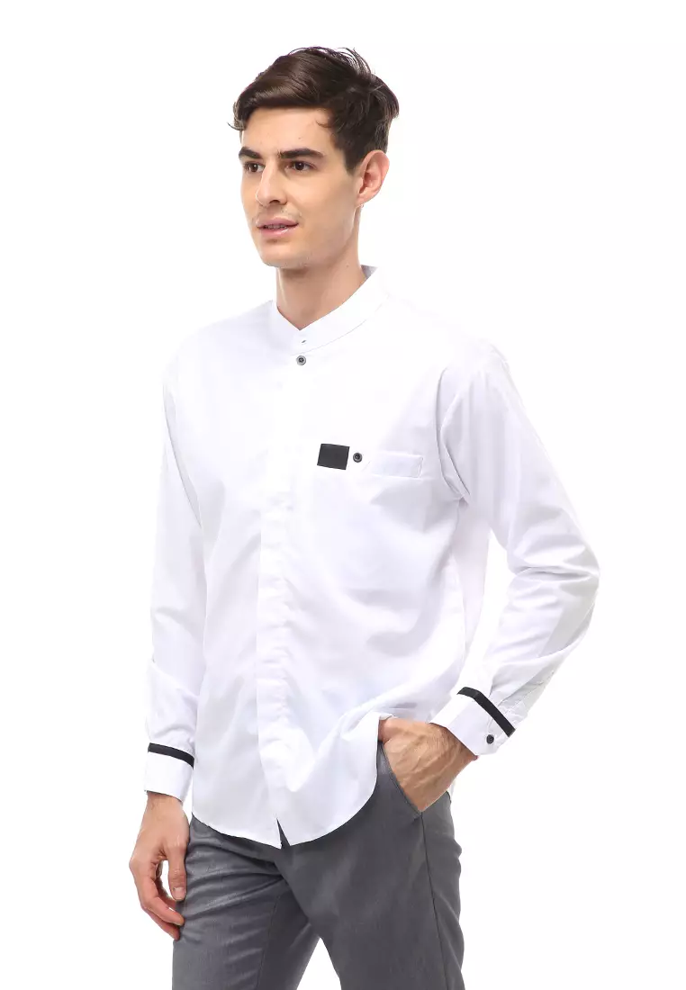 Dwan Atasan Formal Pria Kemeja Koko Simple Motive Long Sleeve Material Cotton ORIGINAL -  White