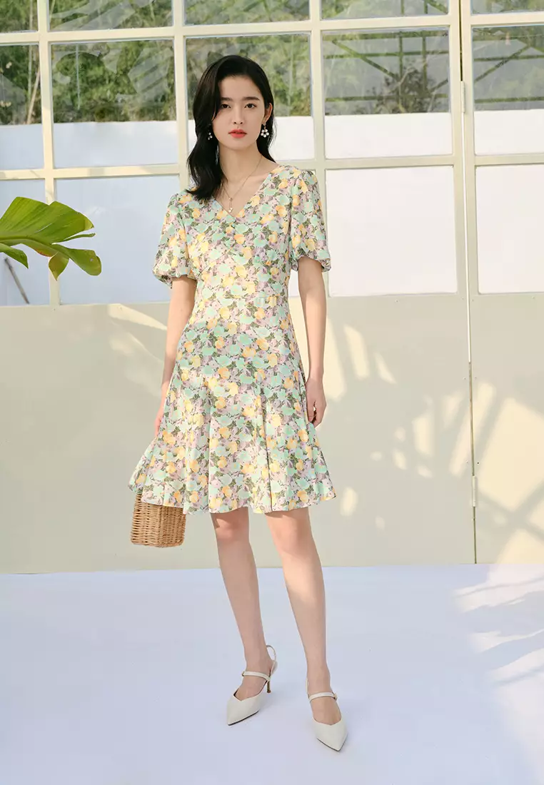Puff Sleeve V-Neck Floral Midi Dress with Ruffled Flounce