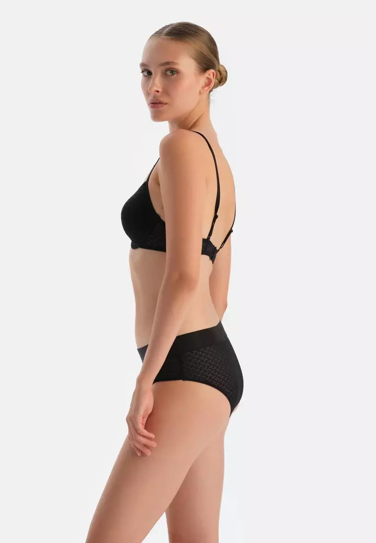 Black Lace Non-Padded Bra, Geometric Patterned, Regular Fit, Spacer Bra Pad, Underwire, Underwear for Women